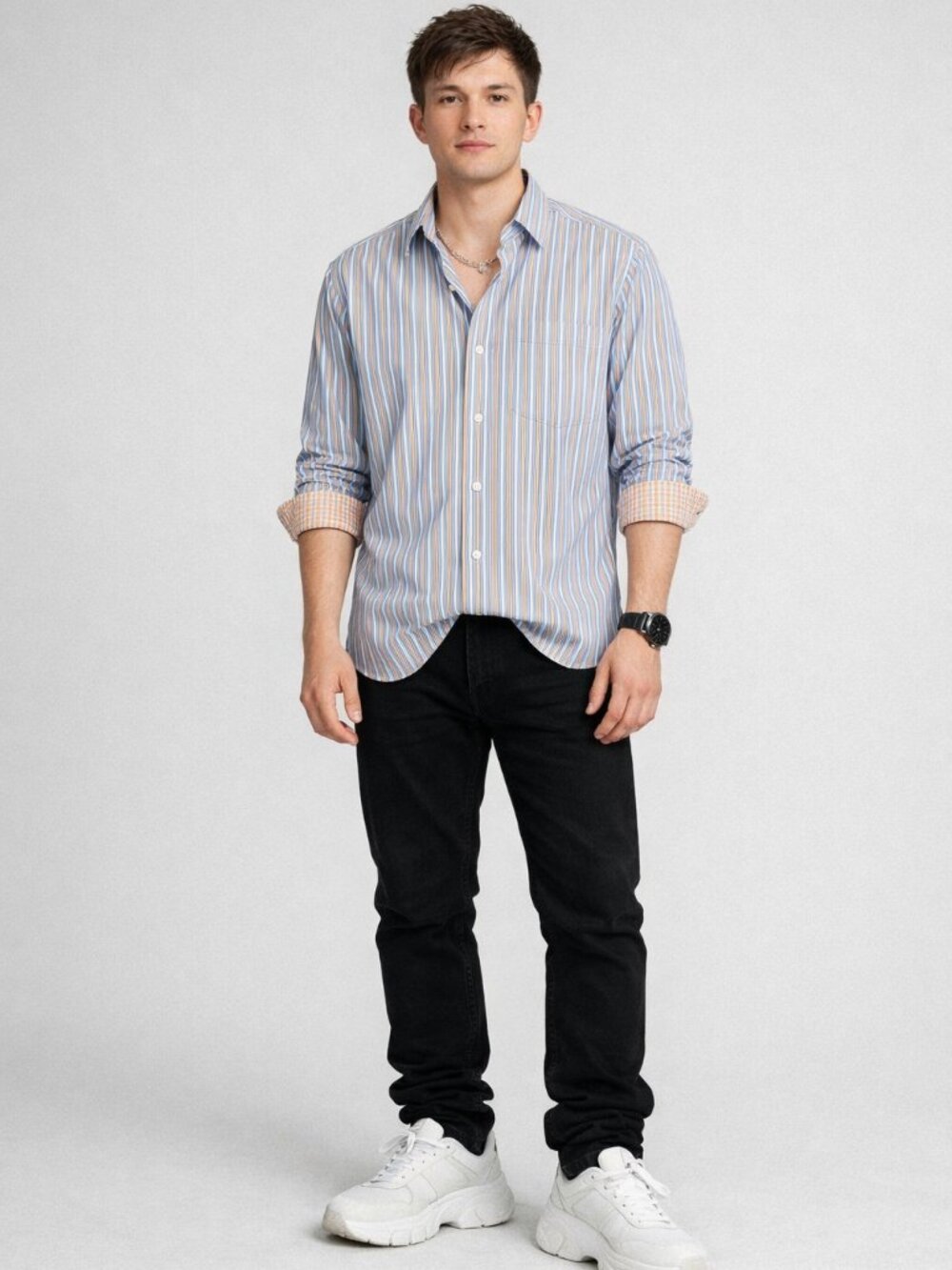 Alex Cannon Men’s Button Down Striped Dress Shirt with Contrast Cuffs. Size S